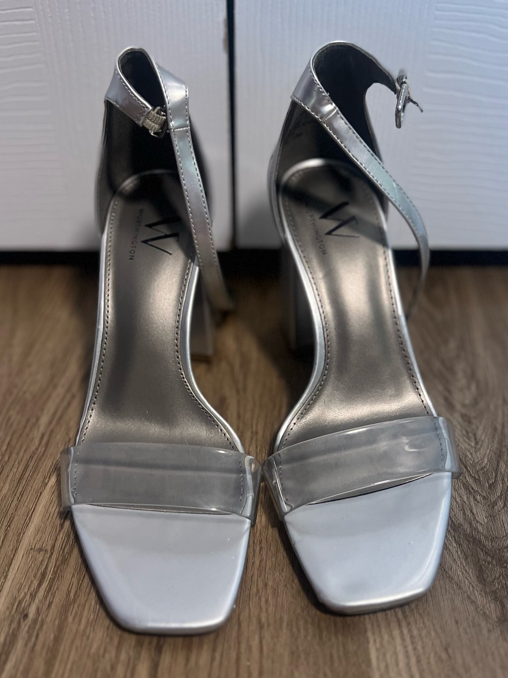 Worthington Metallic Silver Block Open Toe Heels